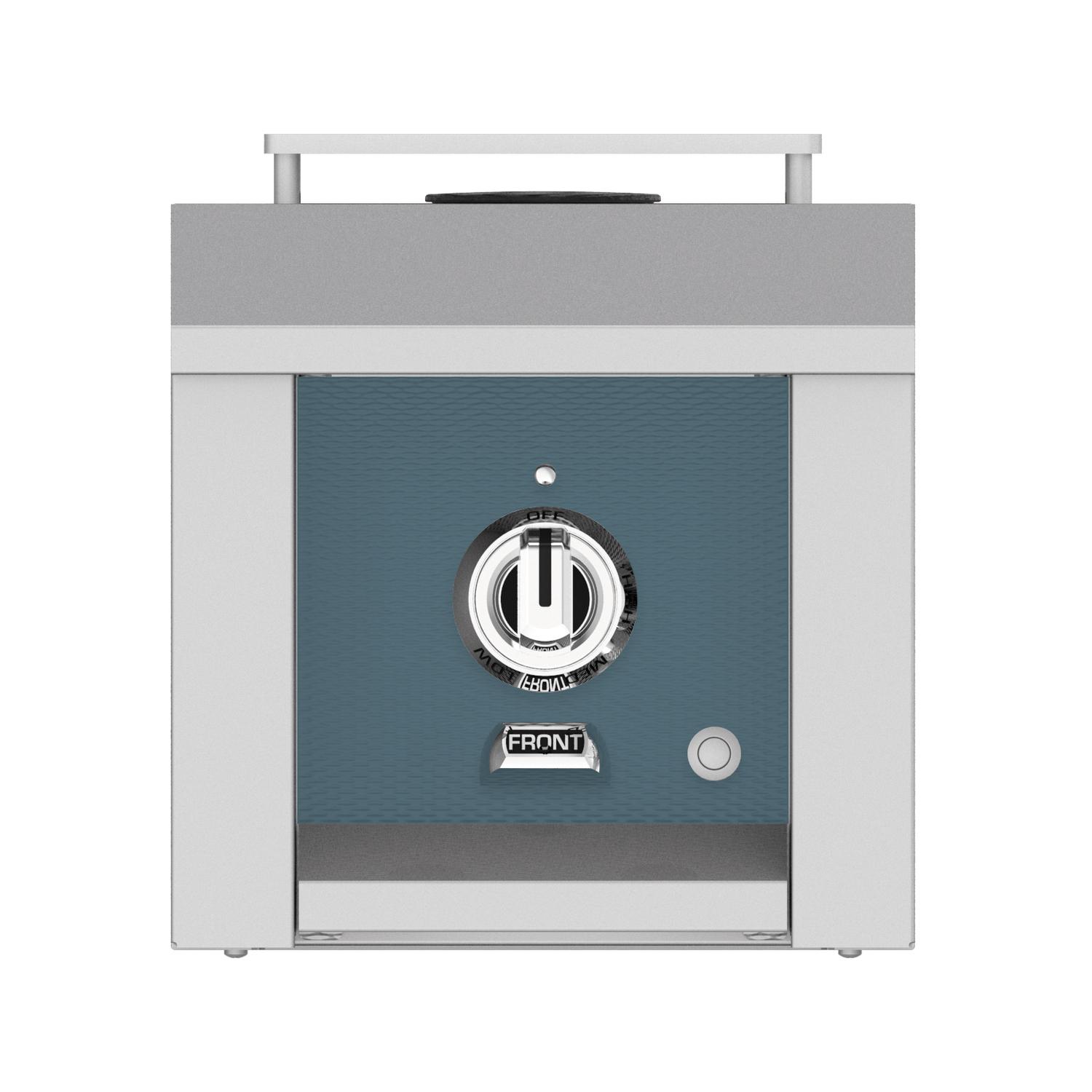 Single side burner with blue control panel and front knob