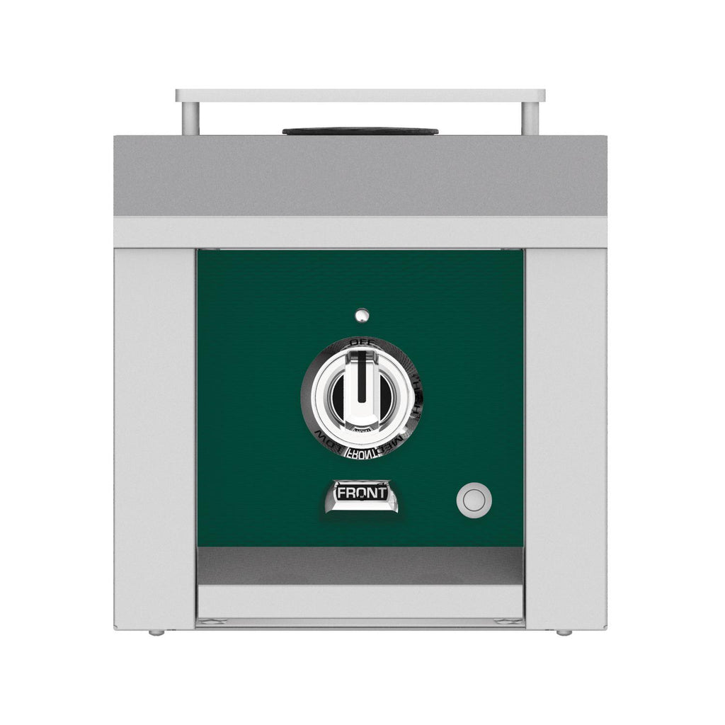Hestan single side burner front with dark green control panel and dial knob