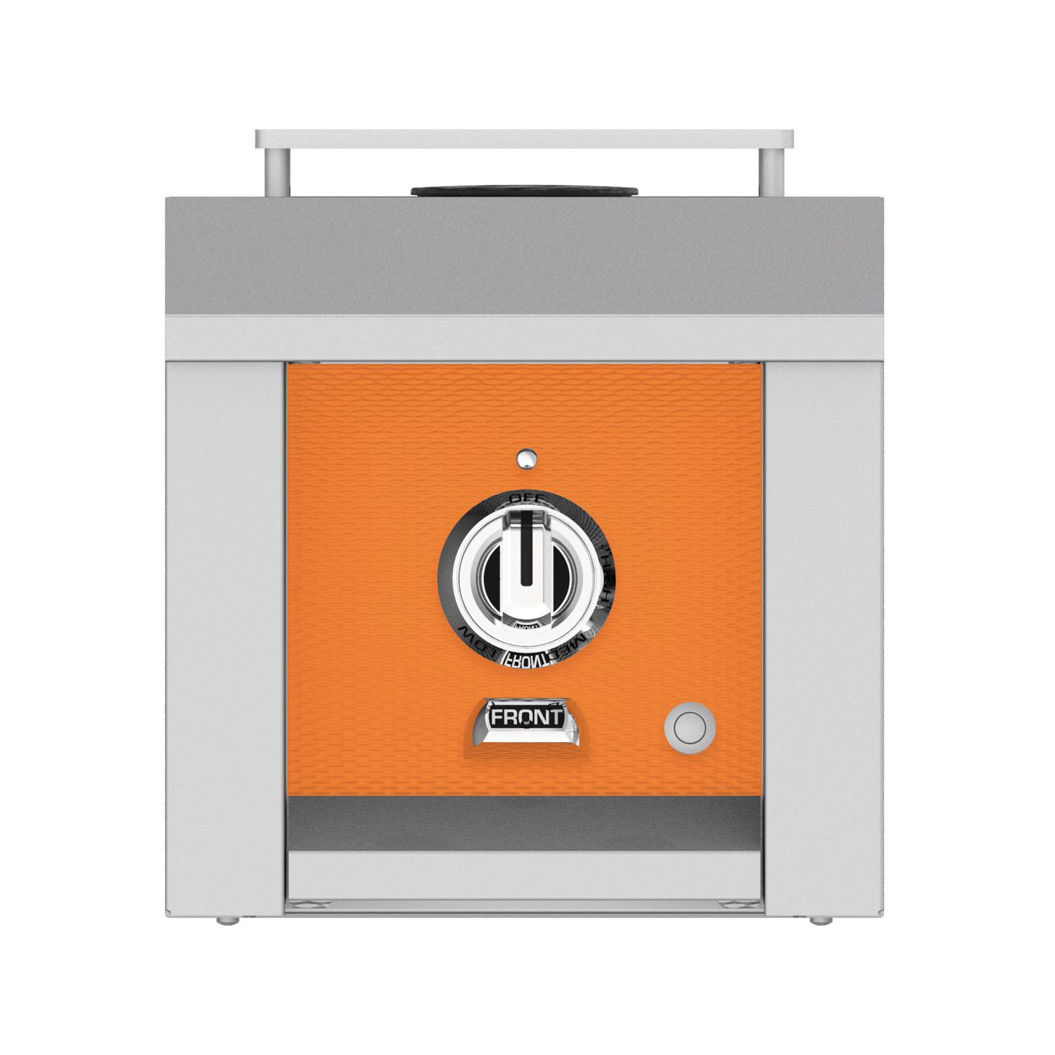 Hestan single side burner front with orange control panel and stainless frame