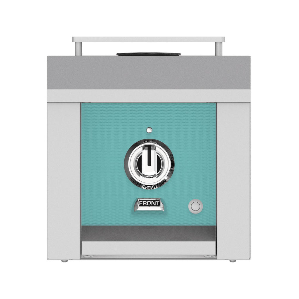 Hestan single side burner front with teal control panel and stainless frame