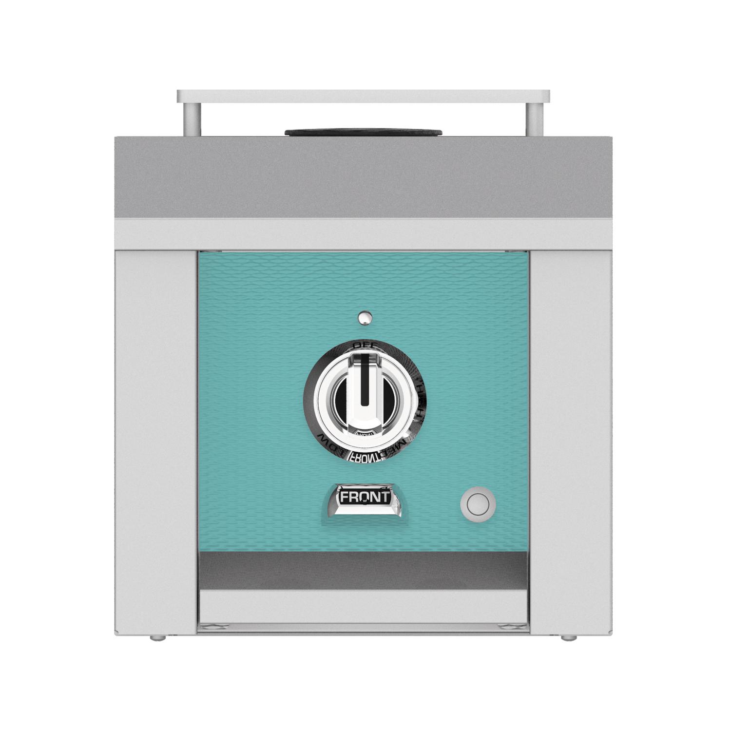 Hestan single side burner front with teal control panel and stainless frame