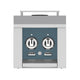 Double side burner control panel with two circular knobs on teal faceplate