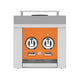 Double side burner grill front with orange control panel and two knob switches