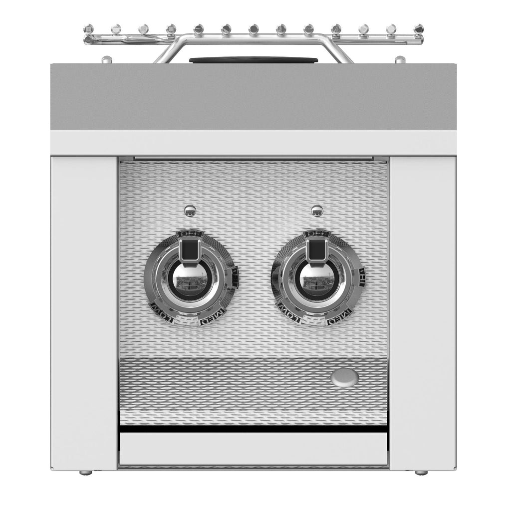 Double side burner grill front with two control knobs on gray mesh panel