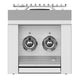 Double side burner grill front with two control knobs on gray mesh panel