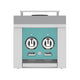 Double side burner grill front with teal control panel and two knob switches