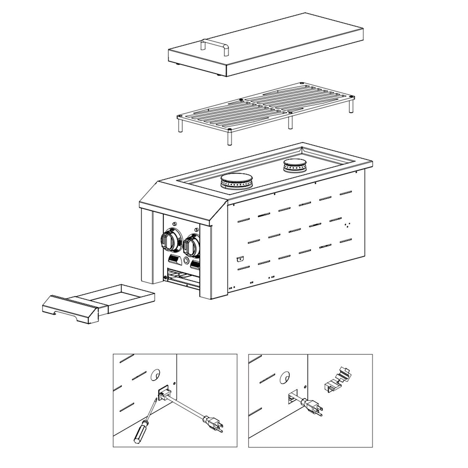 Outdoor side burner side panel kit with stainless grates and control knobs