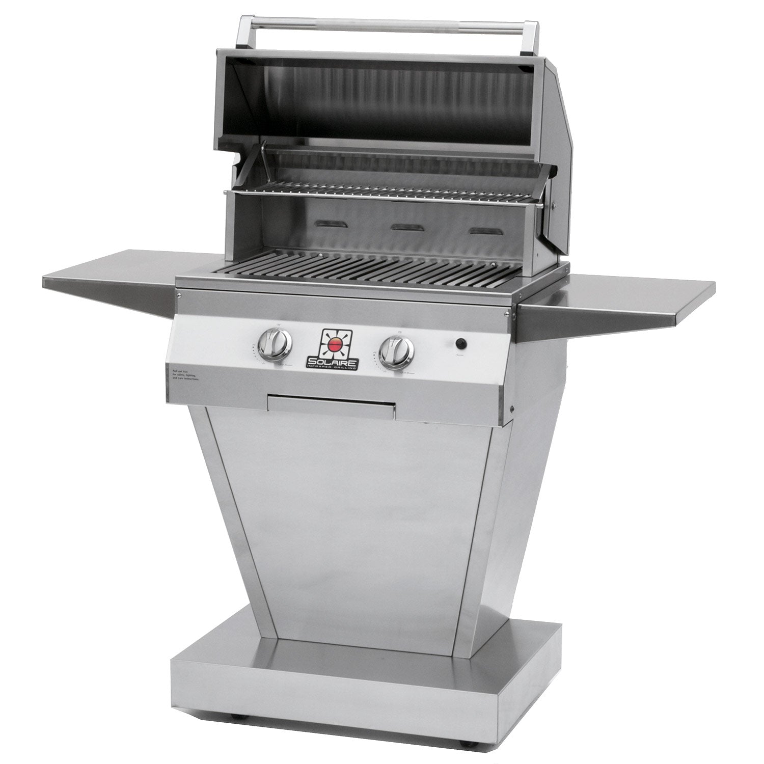 Stainless steel pedestal grill with open lid, cooking grate, and control knobs