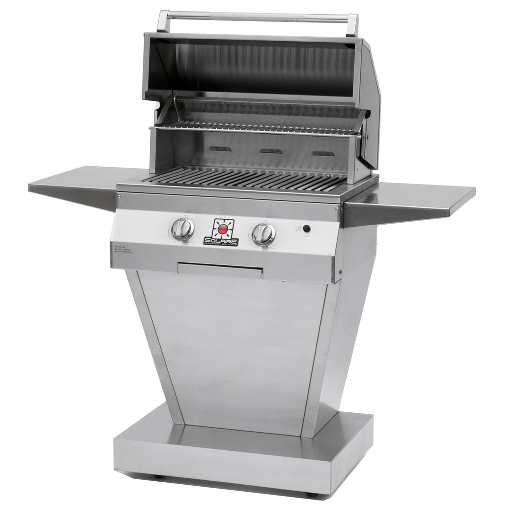 Stainless steel pedestal grill with open lid, grates, and control panel