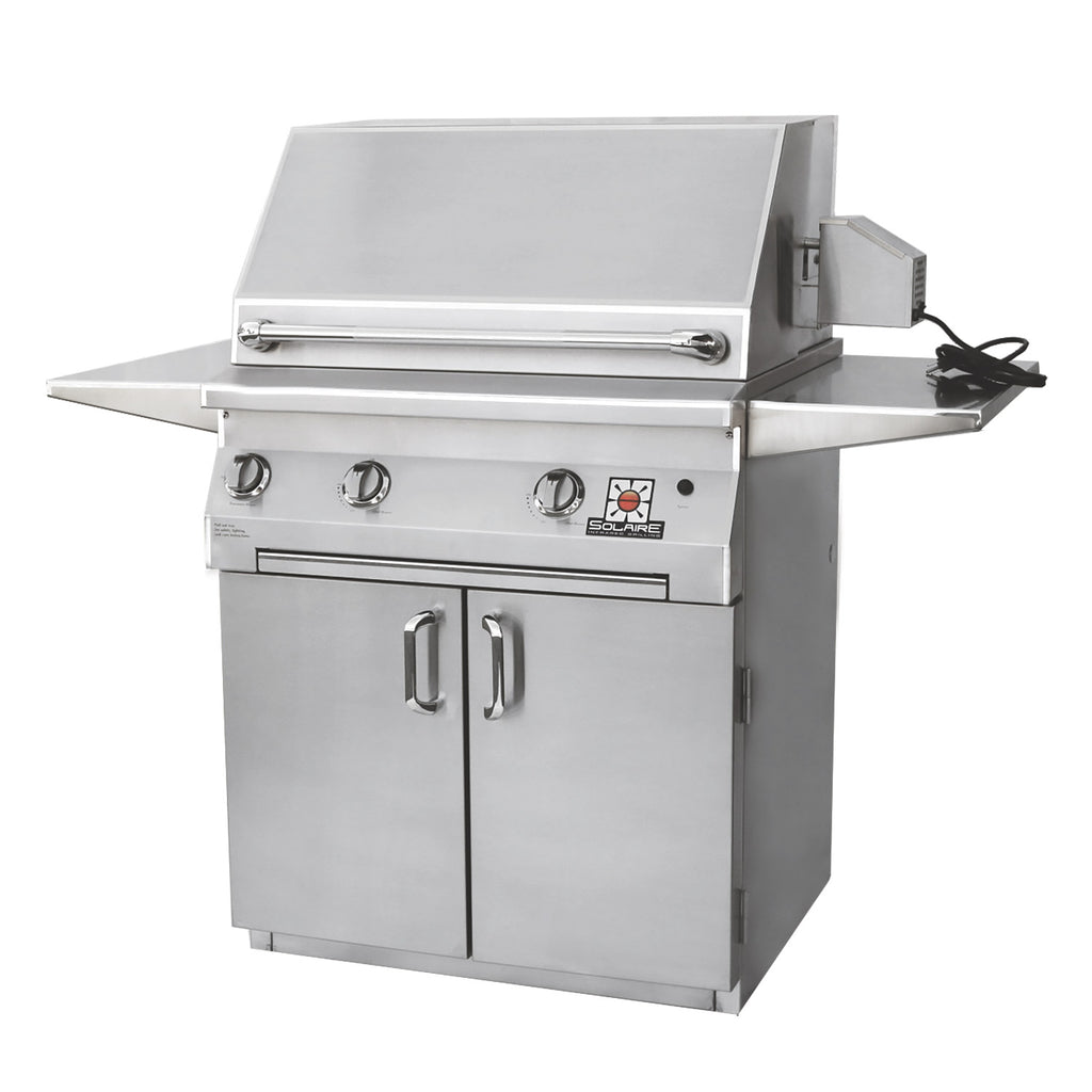 Stainless steel gas grill on two-door cart with rotisserie housing