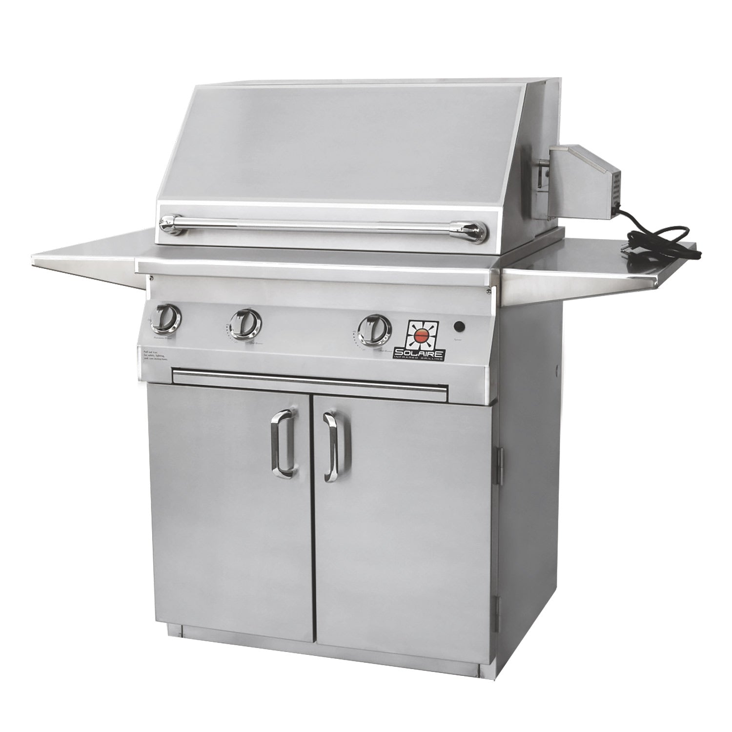 Stainless steel gas grill on two-door cart with rotisserie housing