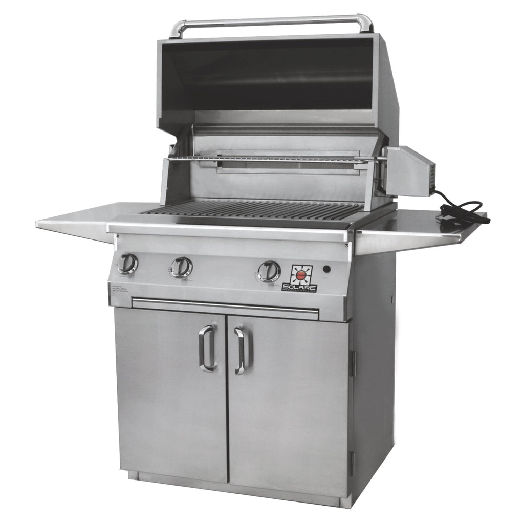 Stainless steel gas grill with lid open, grilling grate and control knobs