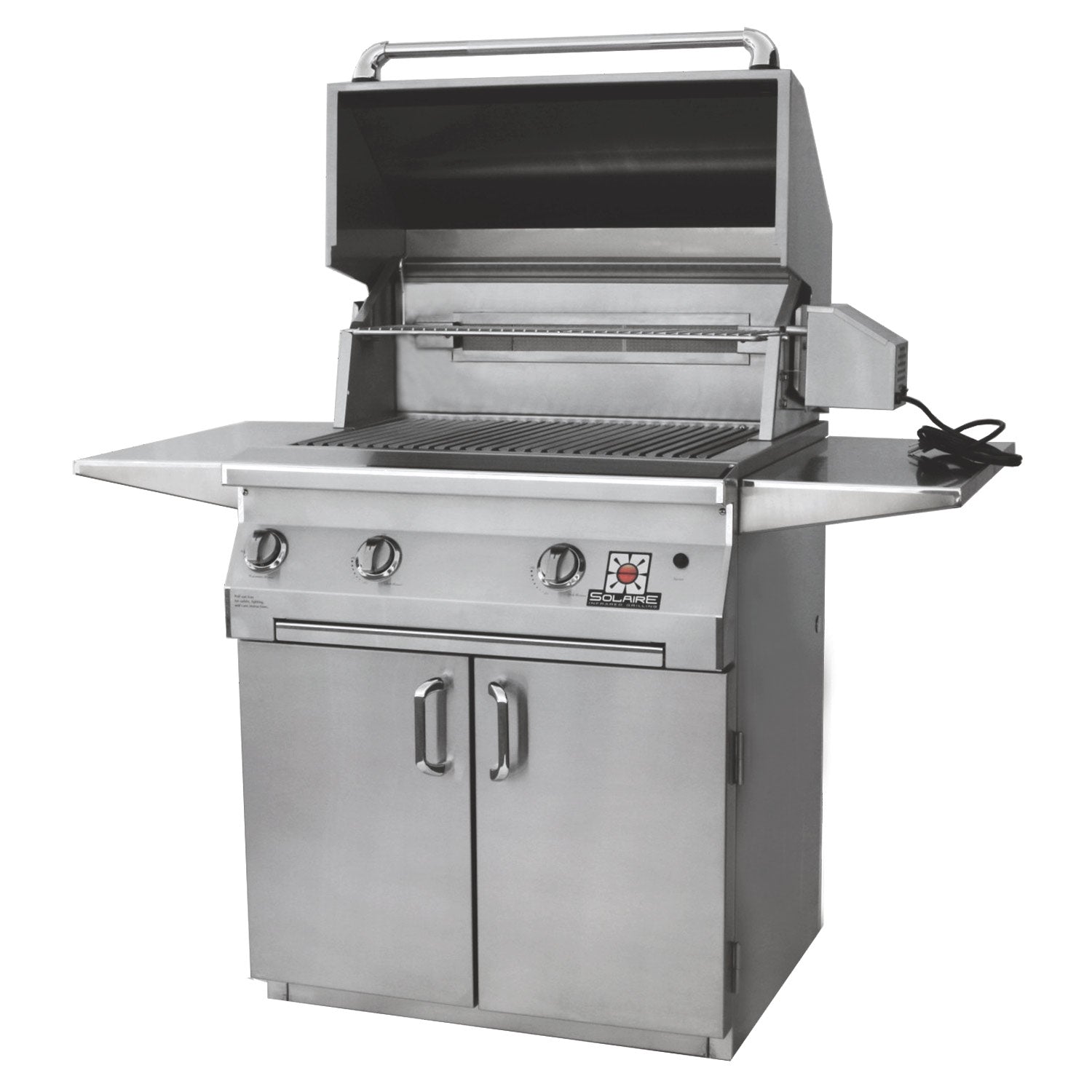 Stainless steel gas grill with lid open, grilling grate and control knobs