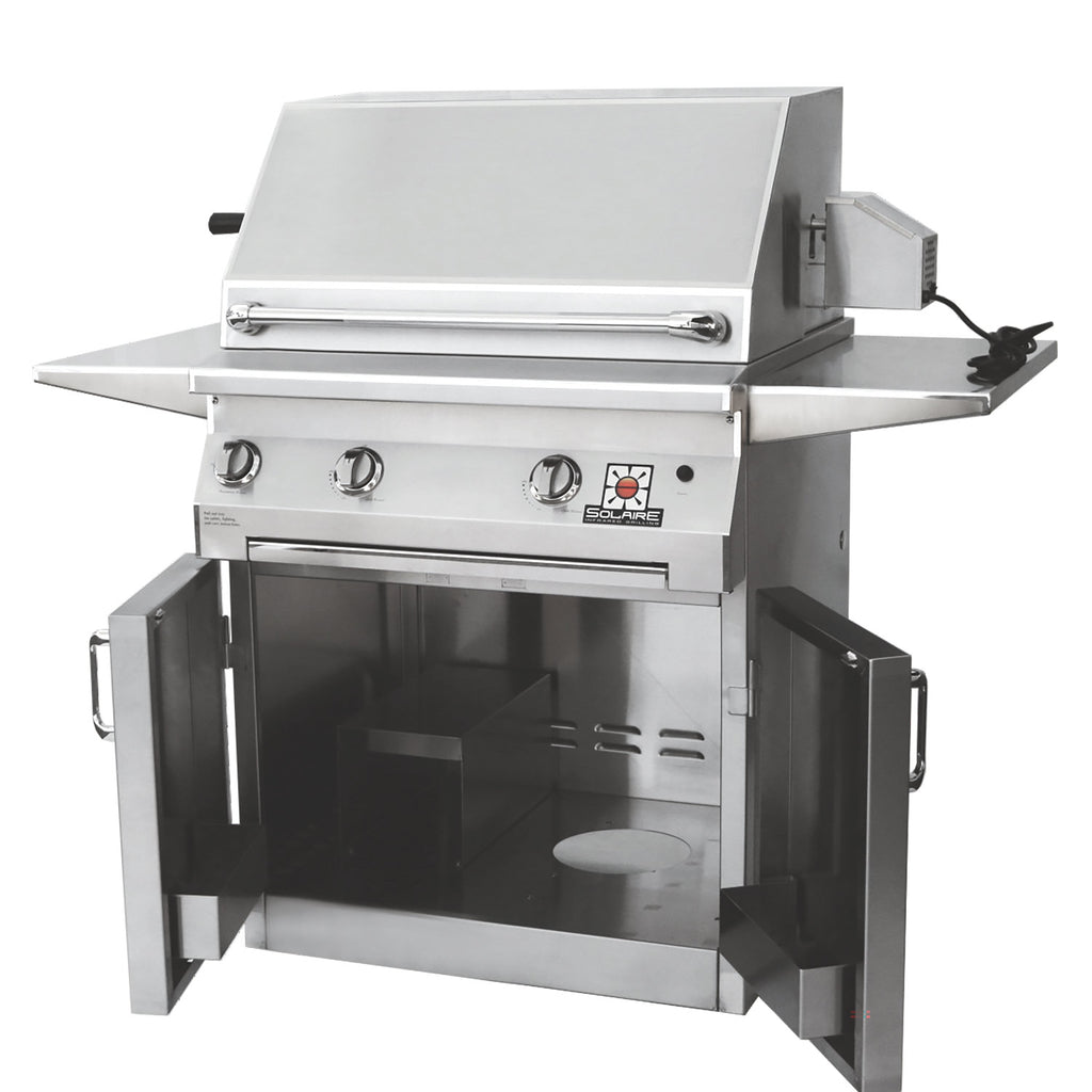 Stainless steel gas grill cart with side shelves and open cooking hood