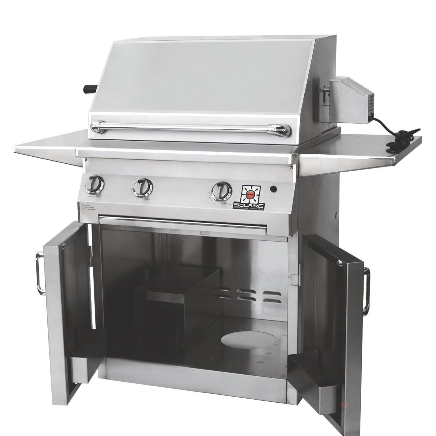 Stainless steel gas grill cart with side shelves and open cooking hood