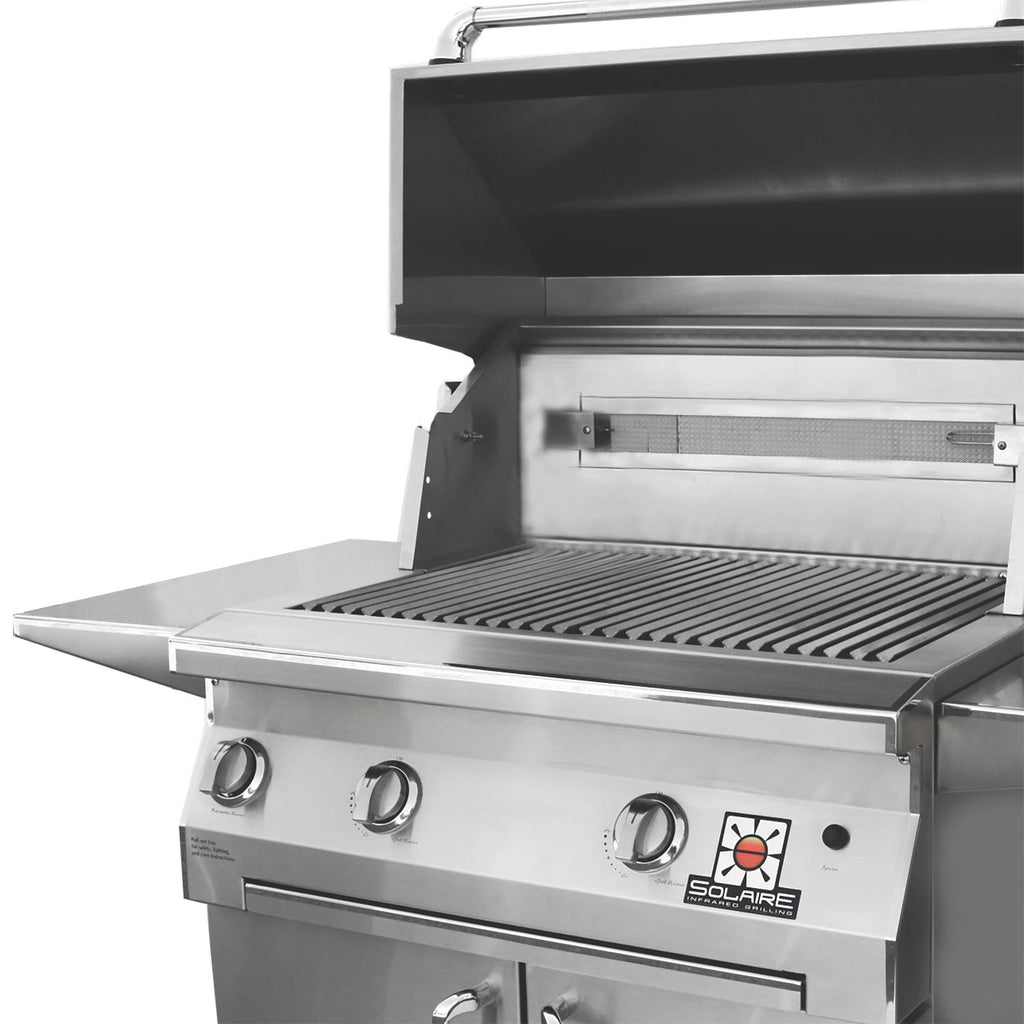 Stainless steel grill with open hood and cooking grates in grilling position