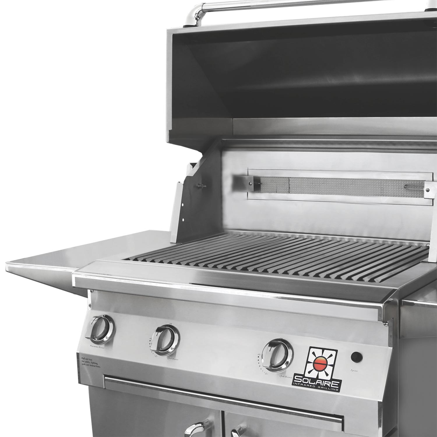 Stainless steel grill with open hood and cooking grates in grilling position