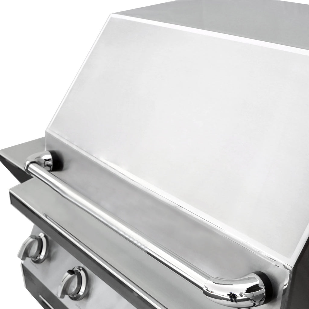 Stainless steel grill burner housing with front control knobs and closed lid