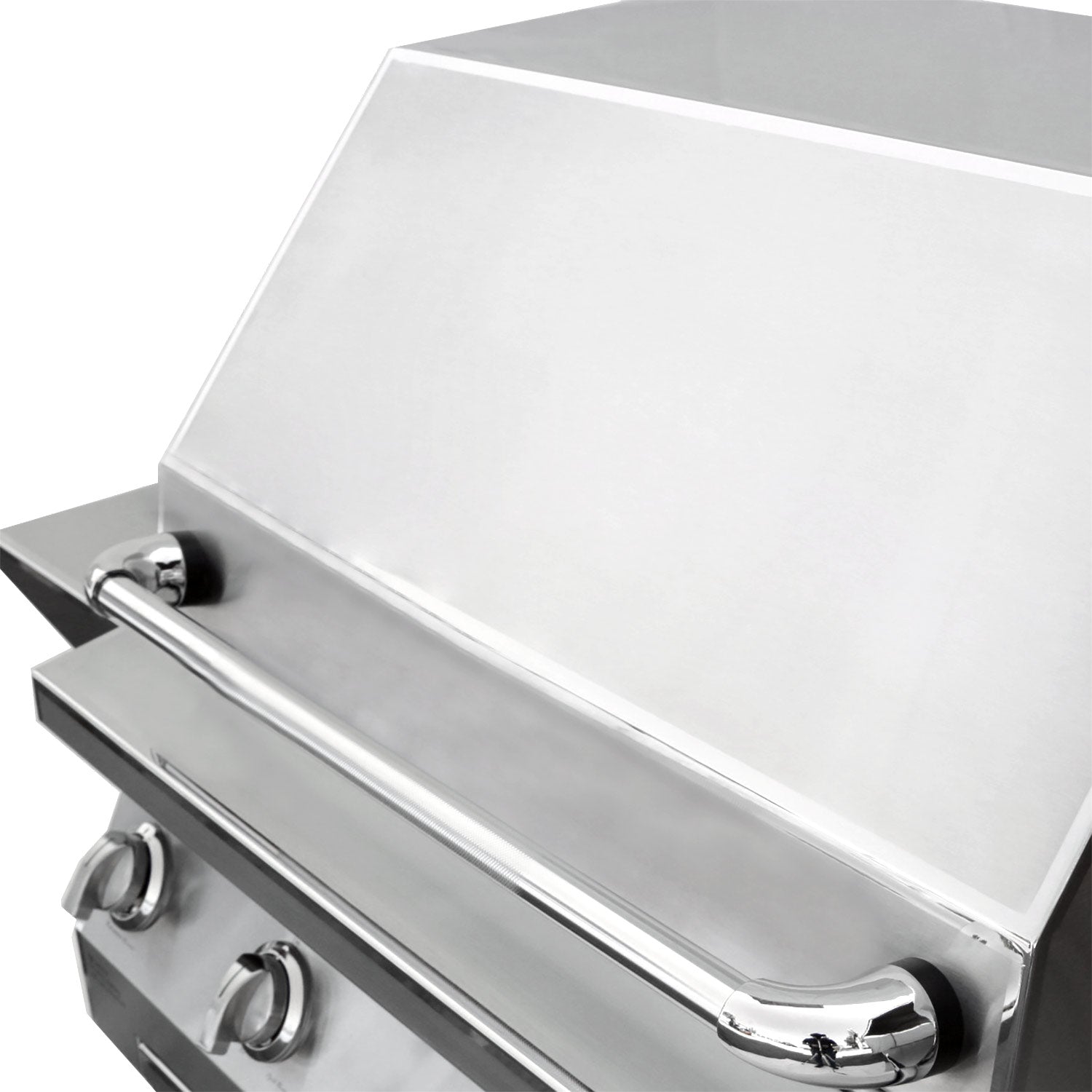 Stainless steel grill burner housing with front control knobs and closed lid