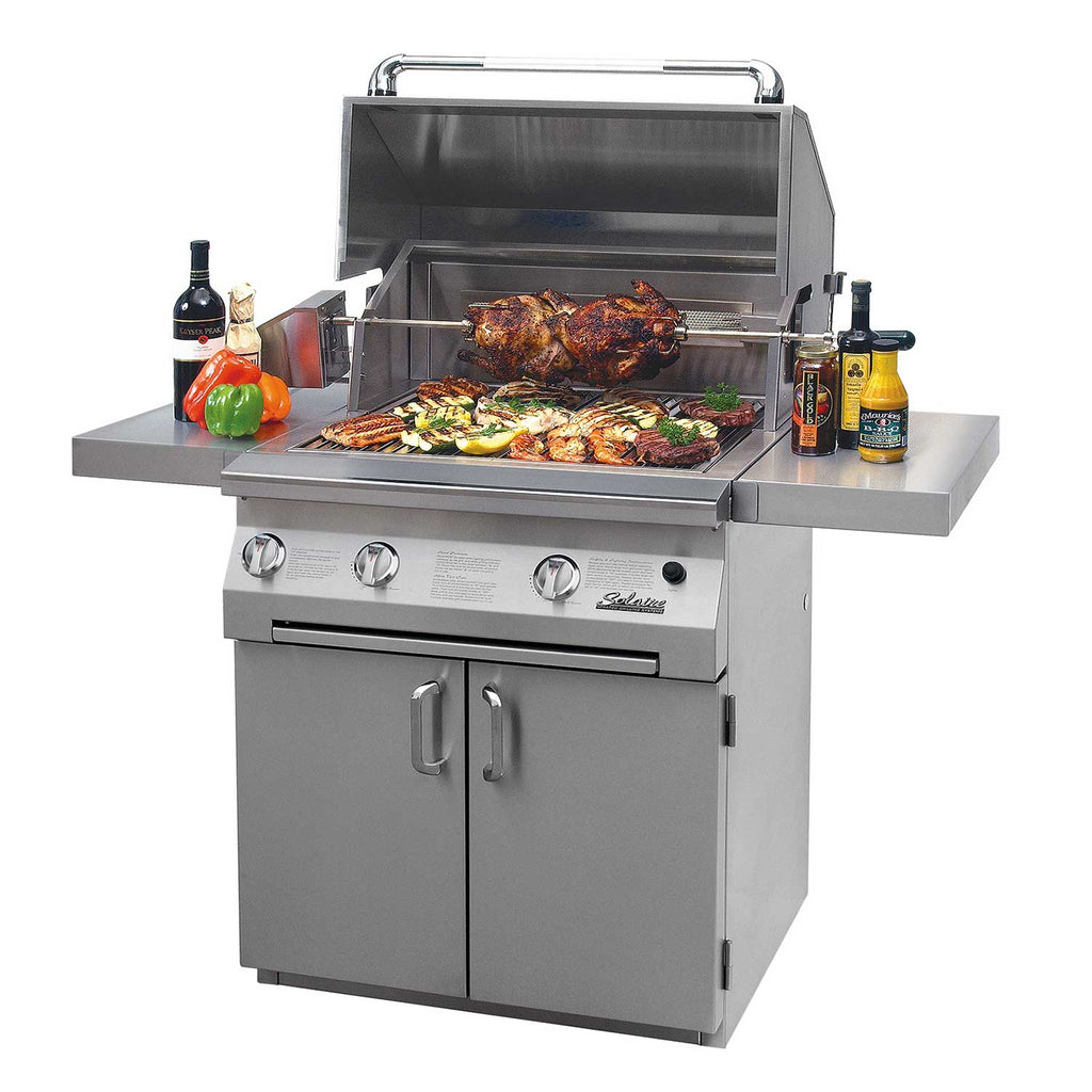 Stainless steel gas grill with lid open, food on grates and condiments