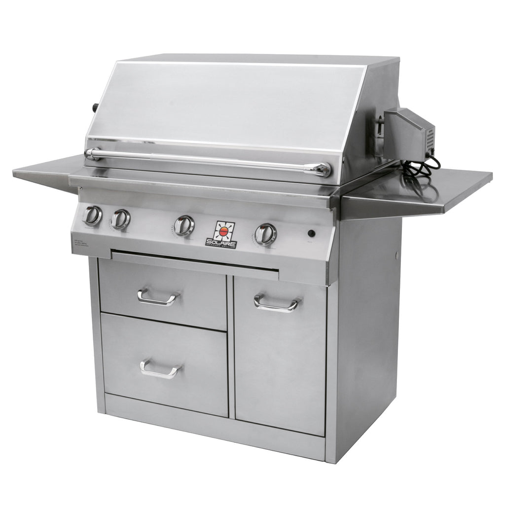 Stainless steel freestanding gas grill on 3-drawer cart with open side shelves