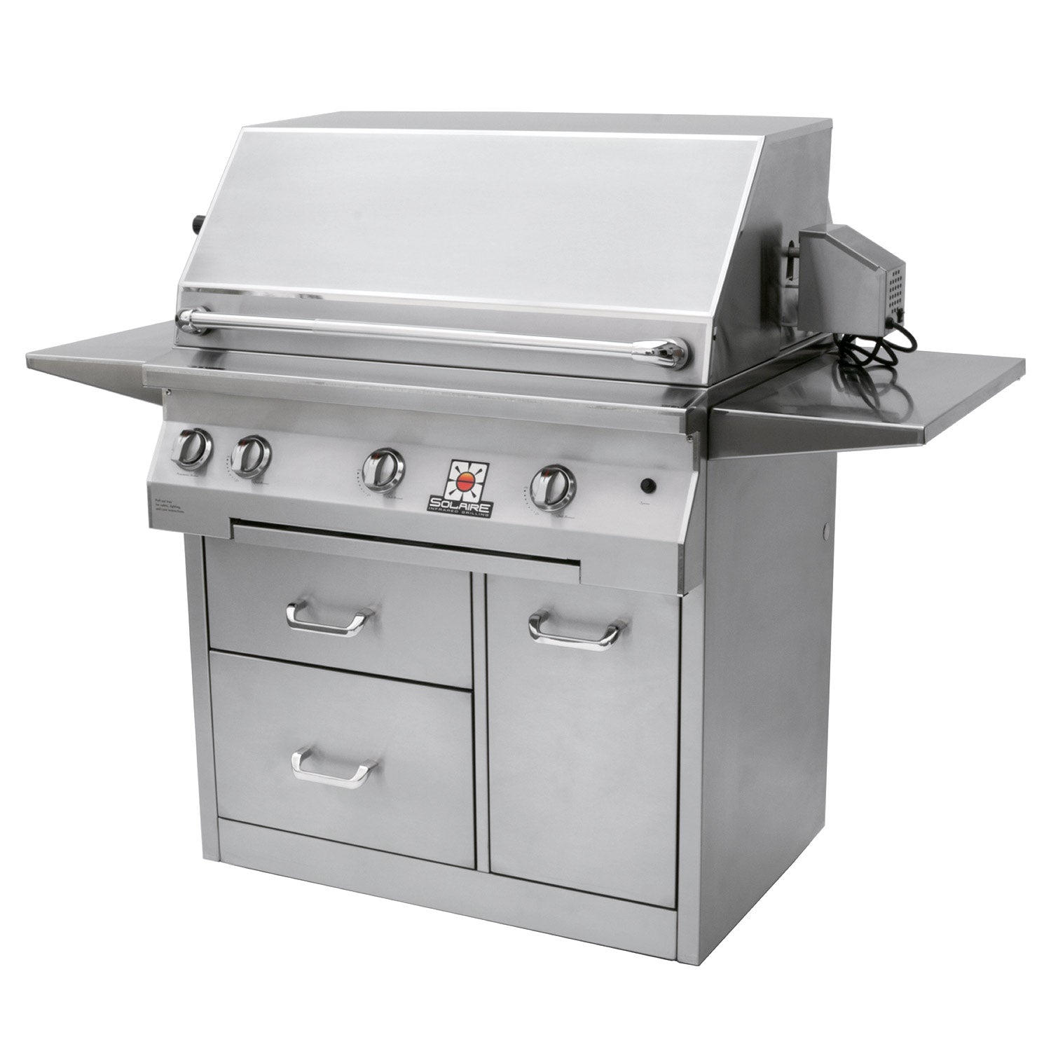 Stainless steel freestanding gas grill on 3-drawer cart with open side shelves