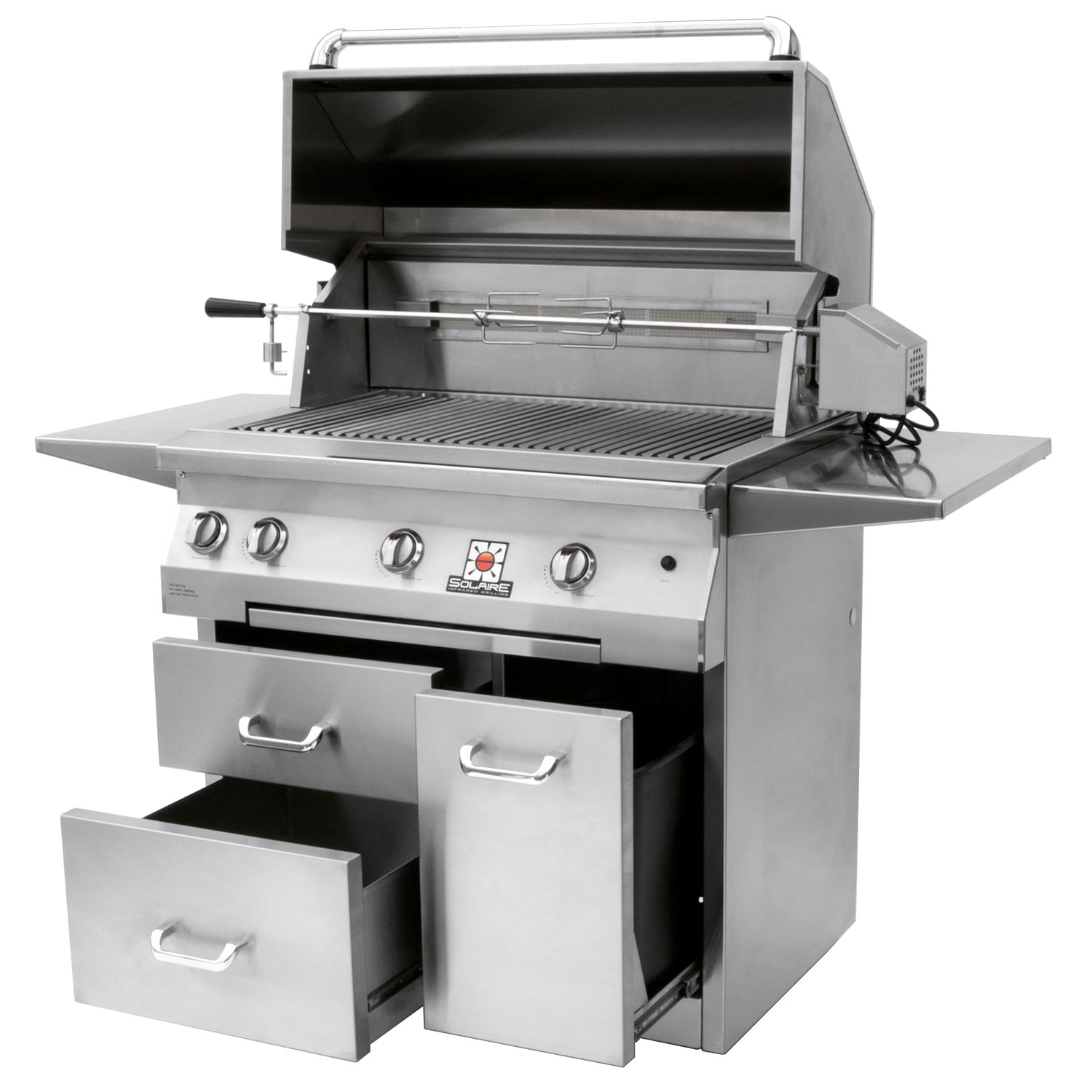 Stainless steel freestanding grill with open lid, cooking grates, and control knobs