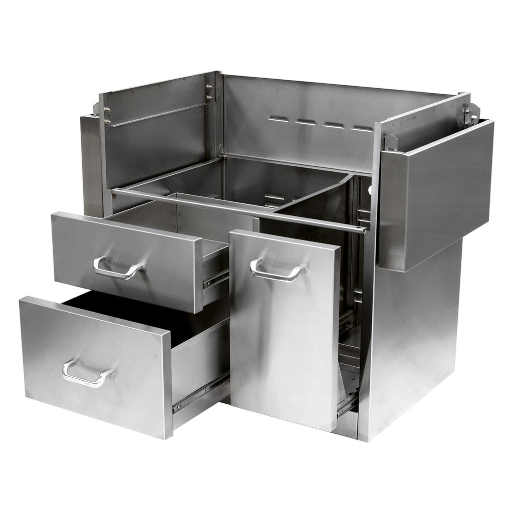 Freestanding stainless steel grill cart with multiple open storage drawers