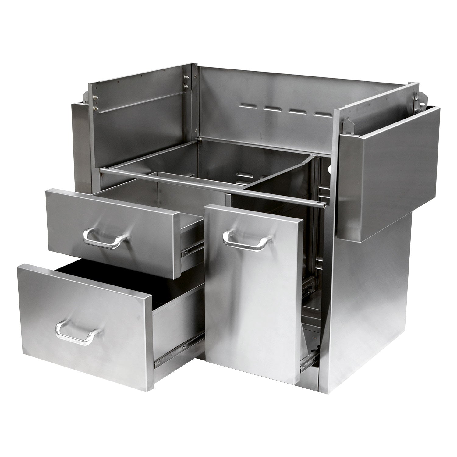 Freestanding stainless steel grill cart with multiple open storage drawers