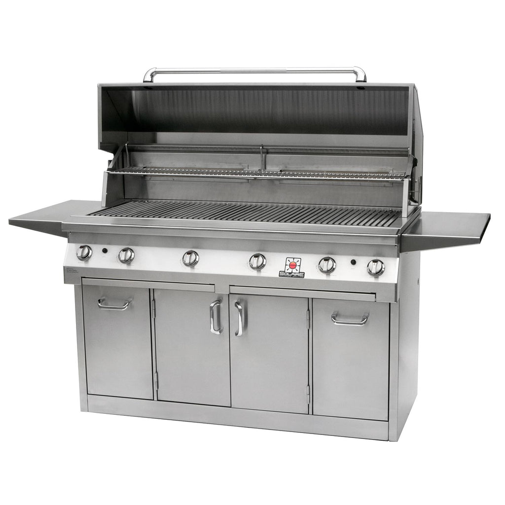 Stainless steel freestanding gas grill with open lid, control knobs, 2-door cabinet
