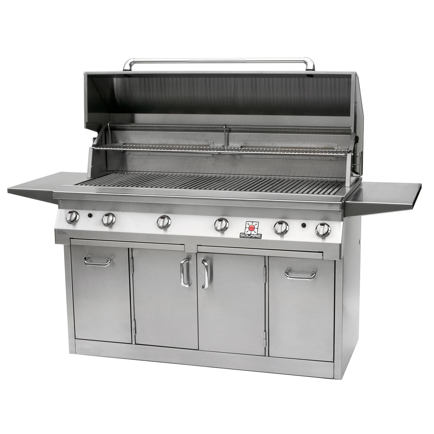 Stainless steel freestanding gas grill with open lid, control knobs, 2-door cabinet