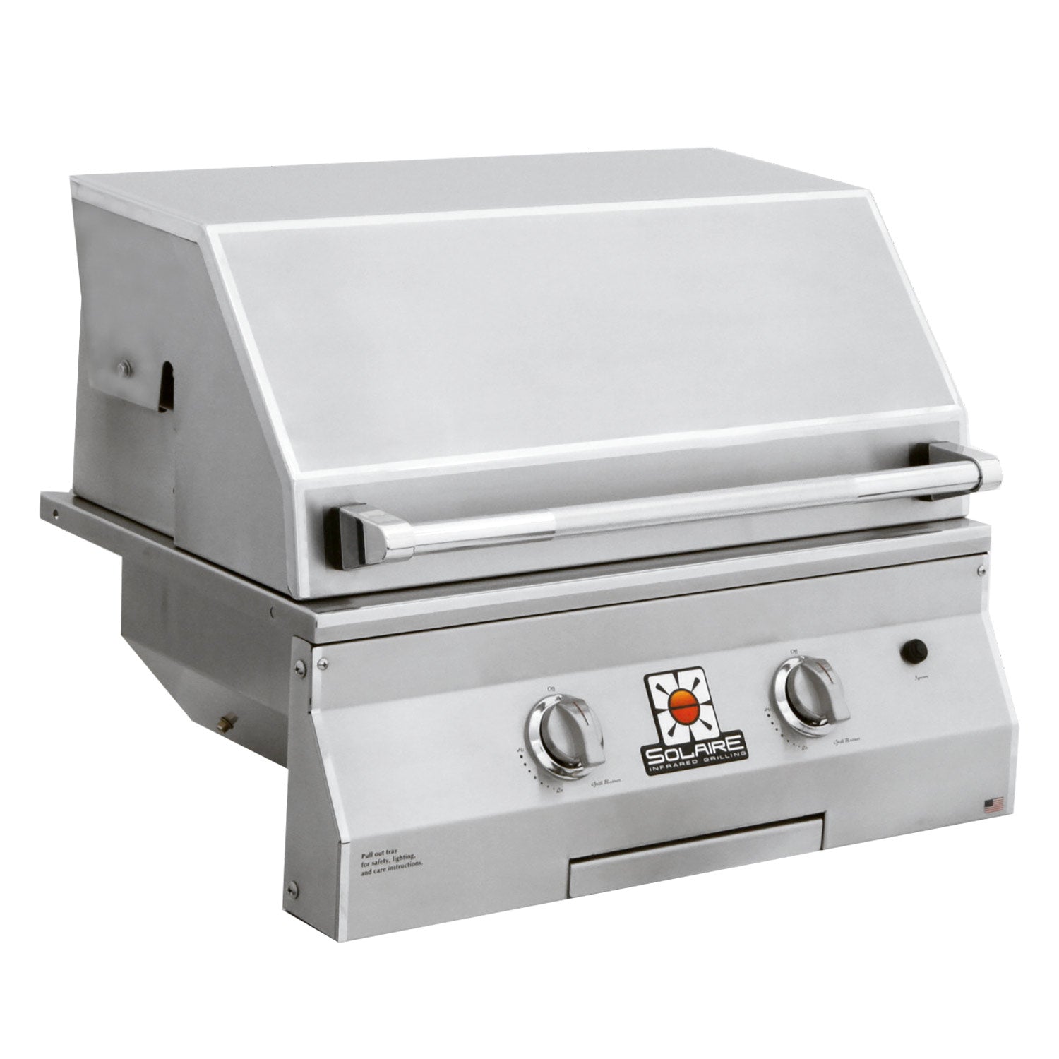 Stainless built-in gas grill with closed lid and front control knobs