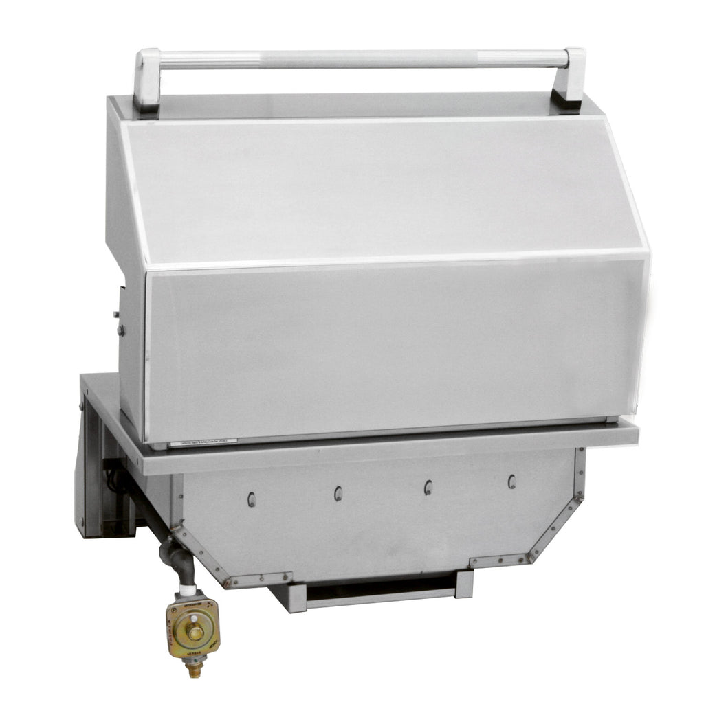 Stainless built-in gas grill with open lid and front control knobs