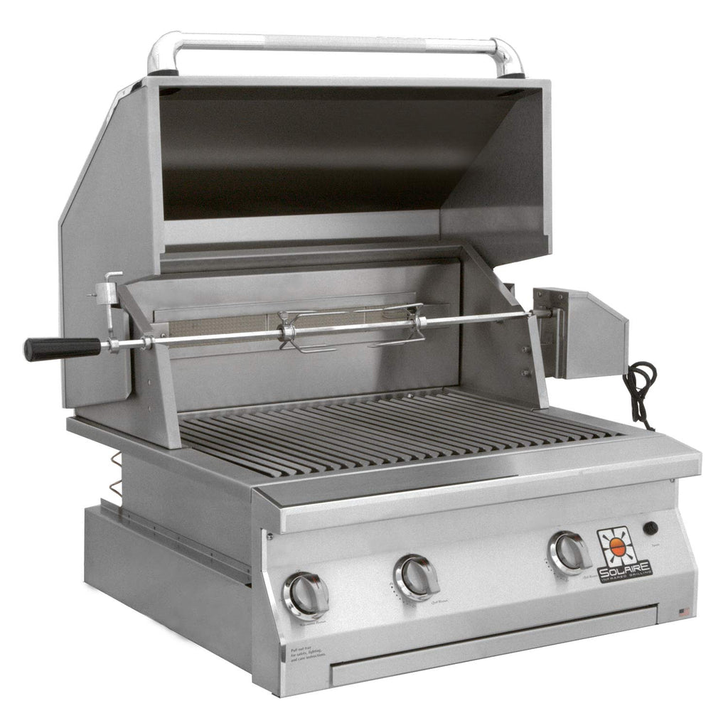 Built-in stainless gas grill with open hood, warming tray, and front control knobs