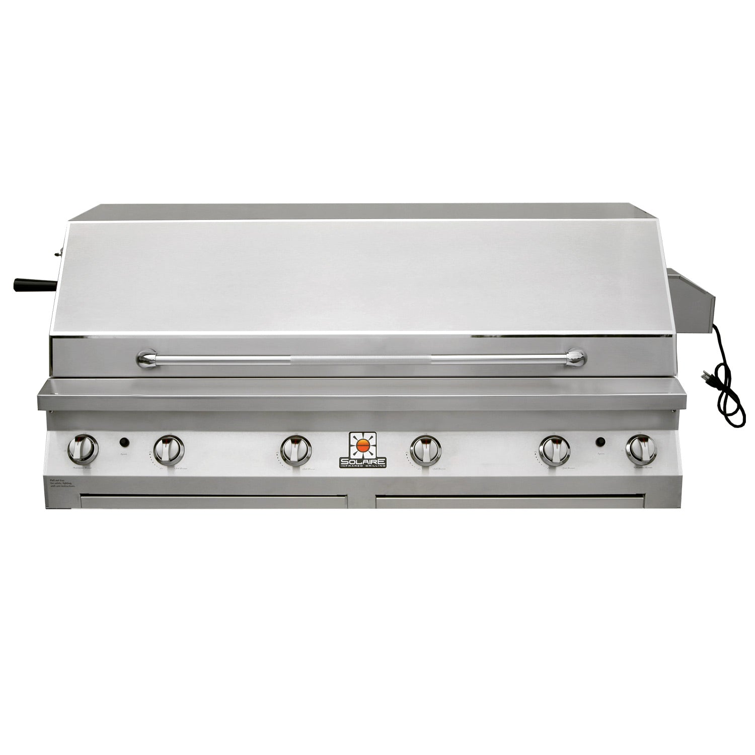 Stainless built-in gas grill with front control knobs and closed lid
