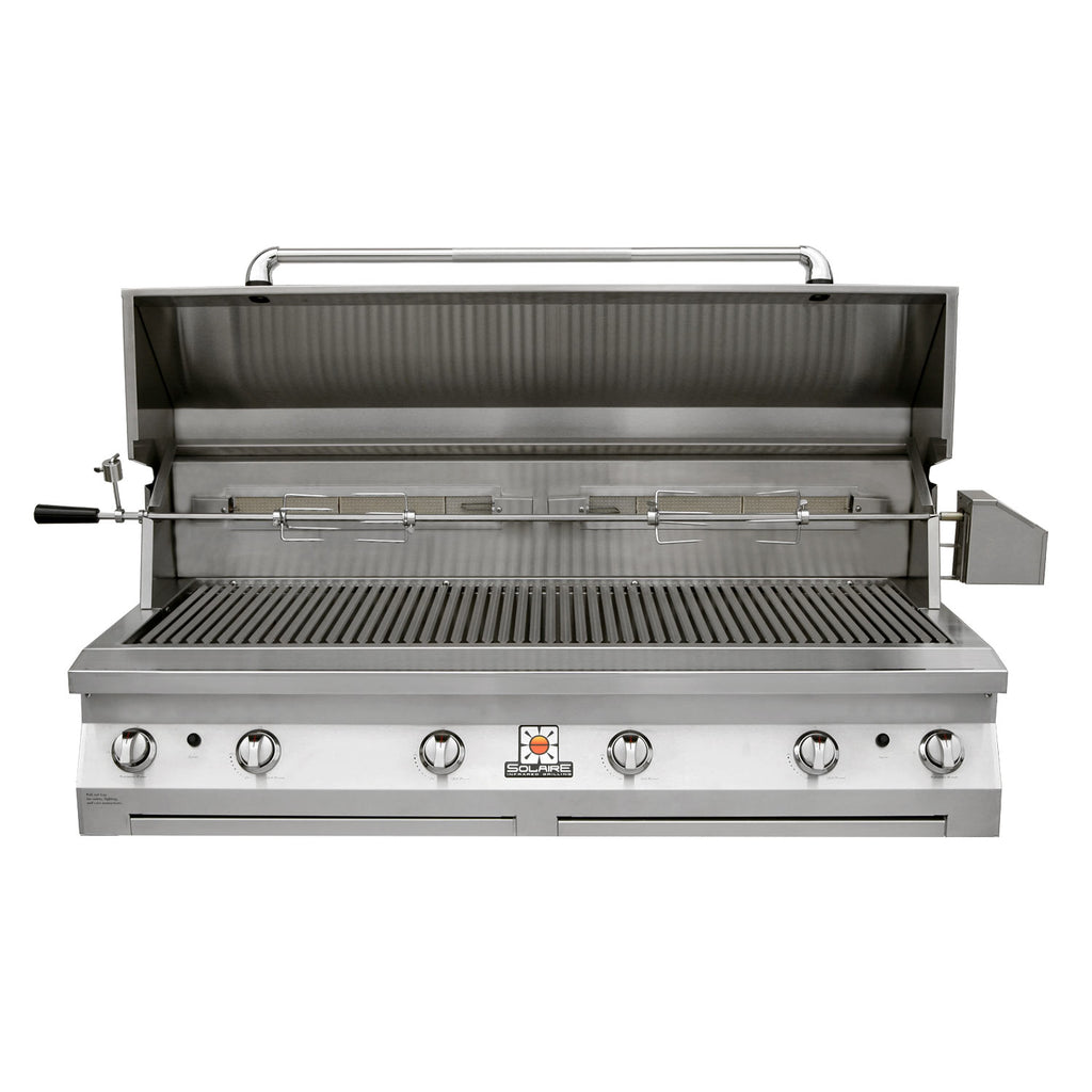 Stainless built-in gas grill with lid open, grilling grates and warming rack