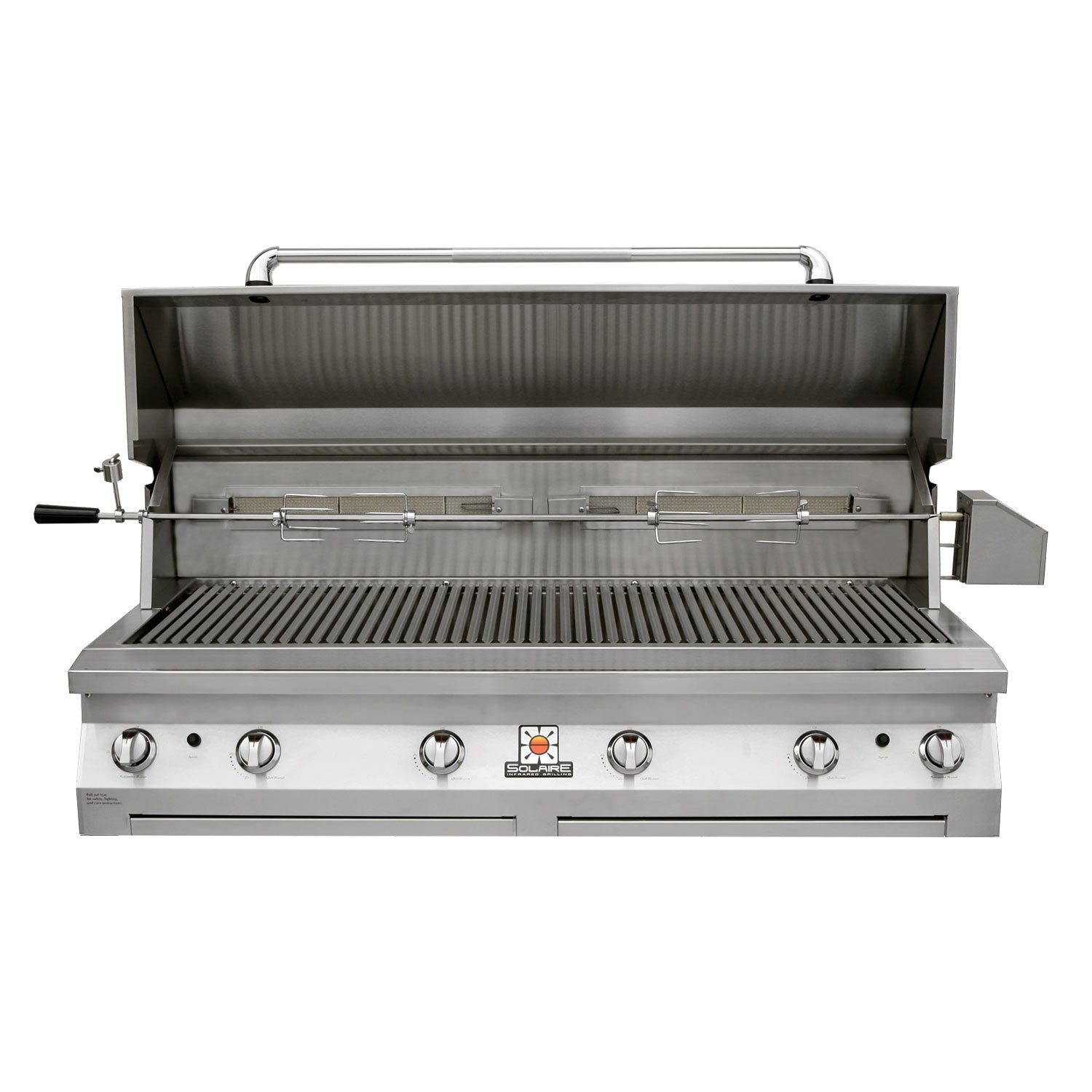 Stainless built-in gas grill with lid open, grilling grates and warming rack
