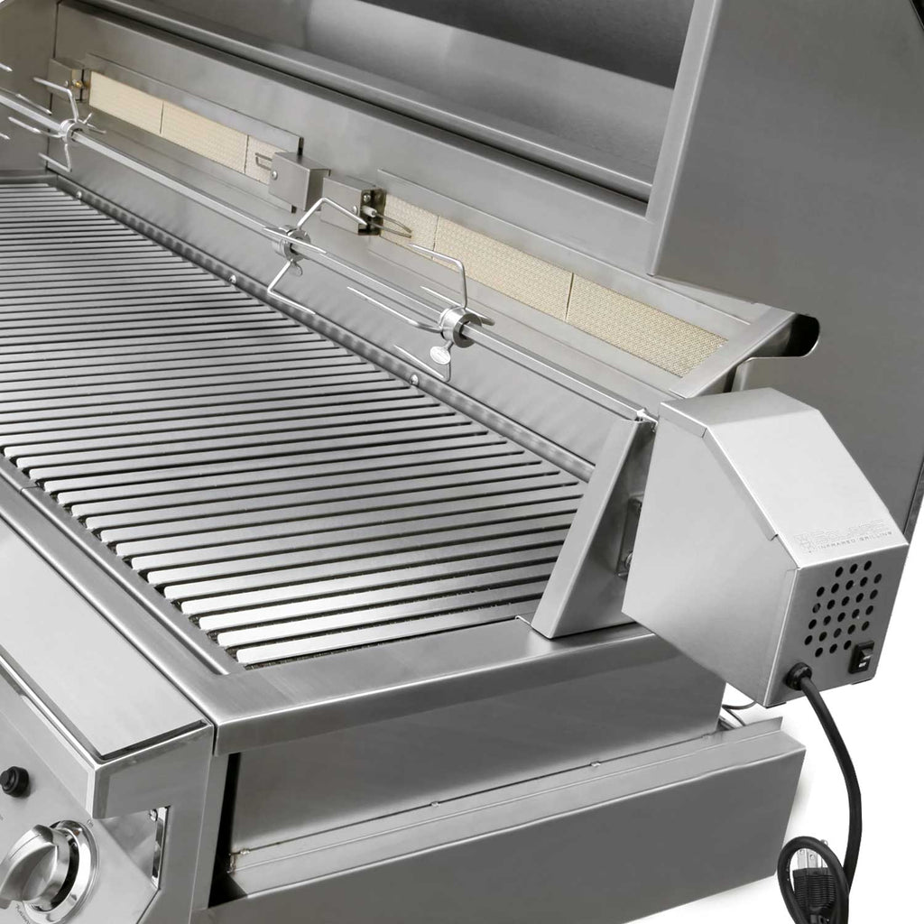 Stainless grill with lid open, burner area and rotisserie bars near control side