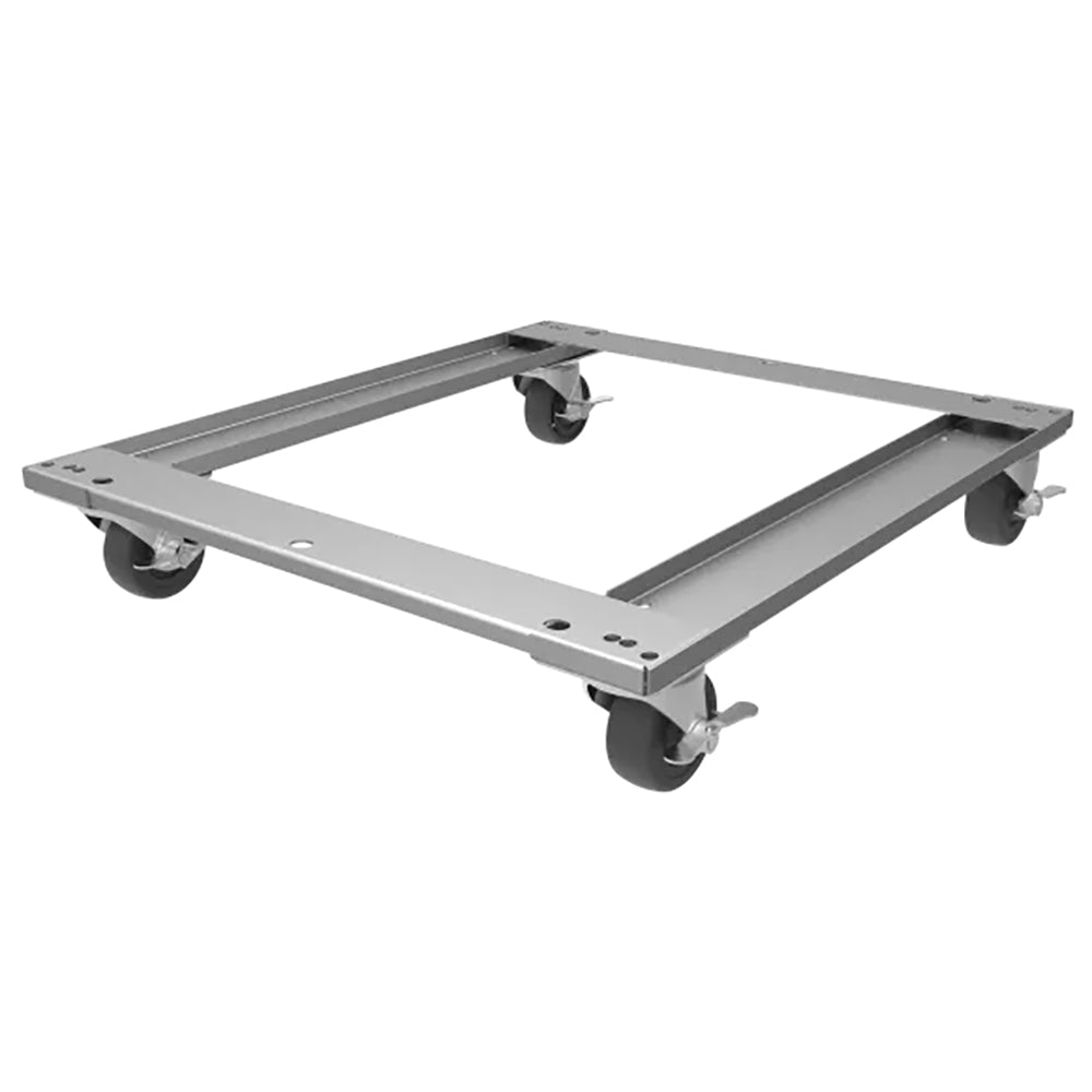 Hestan 24-inch refrigerator caster kit with four black swivel wheels and base frame