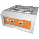 Hestan built-in power burner with orange front panel and two dial controls, stainless grates