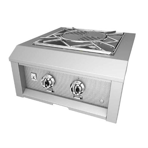 Hestan built-in power burner with stainless grates and two dial controls on textured front