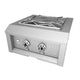 Hestan built-in power burner with stainless grates and two dial controls on textured front