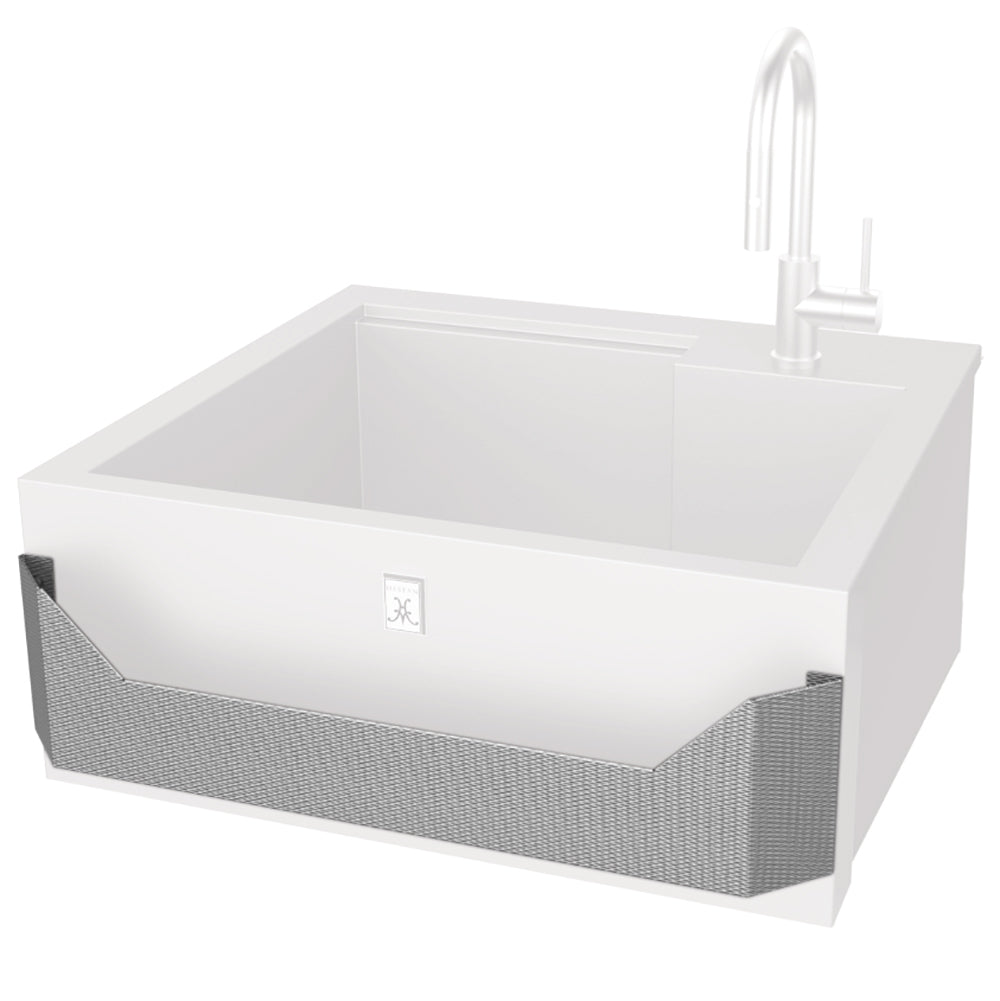Rectangular sink with white basin, chrome faucet, and gray mesh front panel