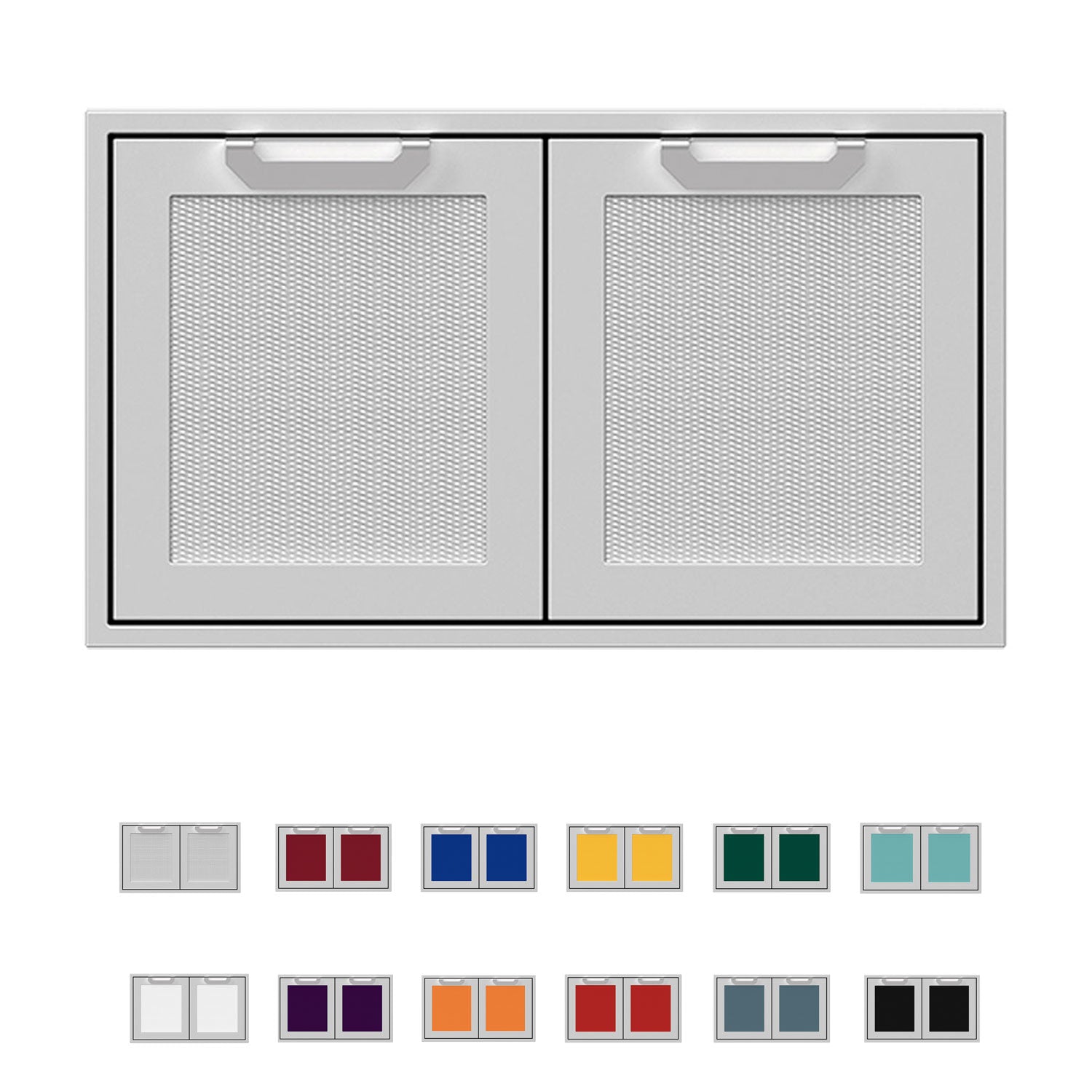 Hestan double storage doors with two light gray mesh panels and top handles