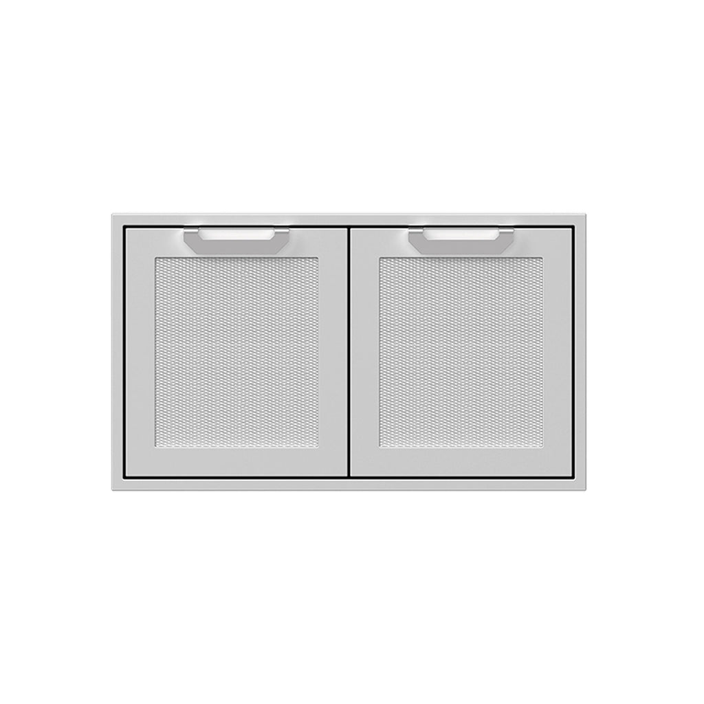 Hestan double storage doors with two light gray mesh panels and recessed pulls