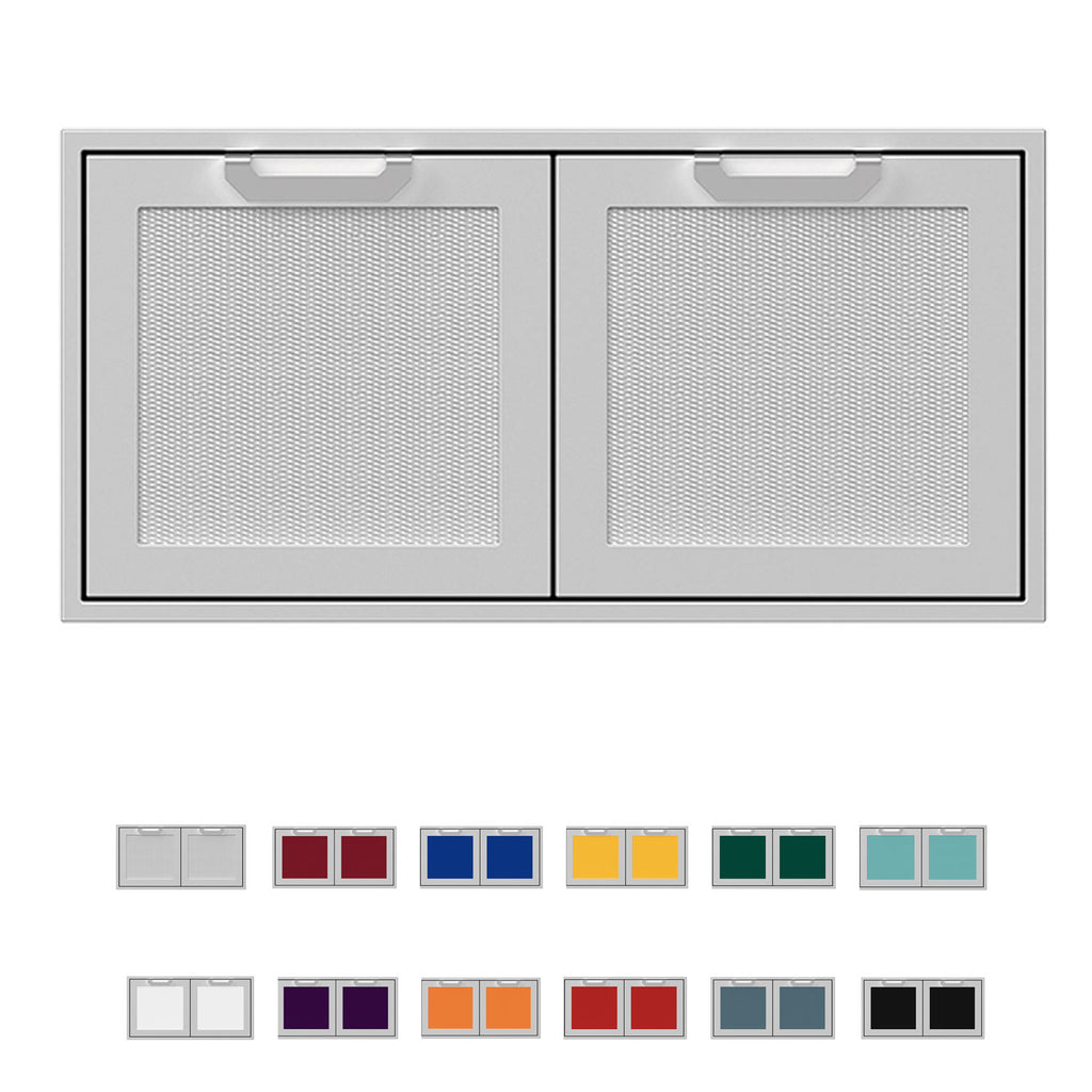 Double storage doors with two gray mesh panels and arched handles
