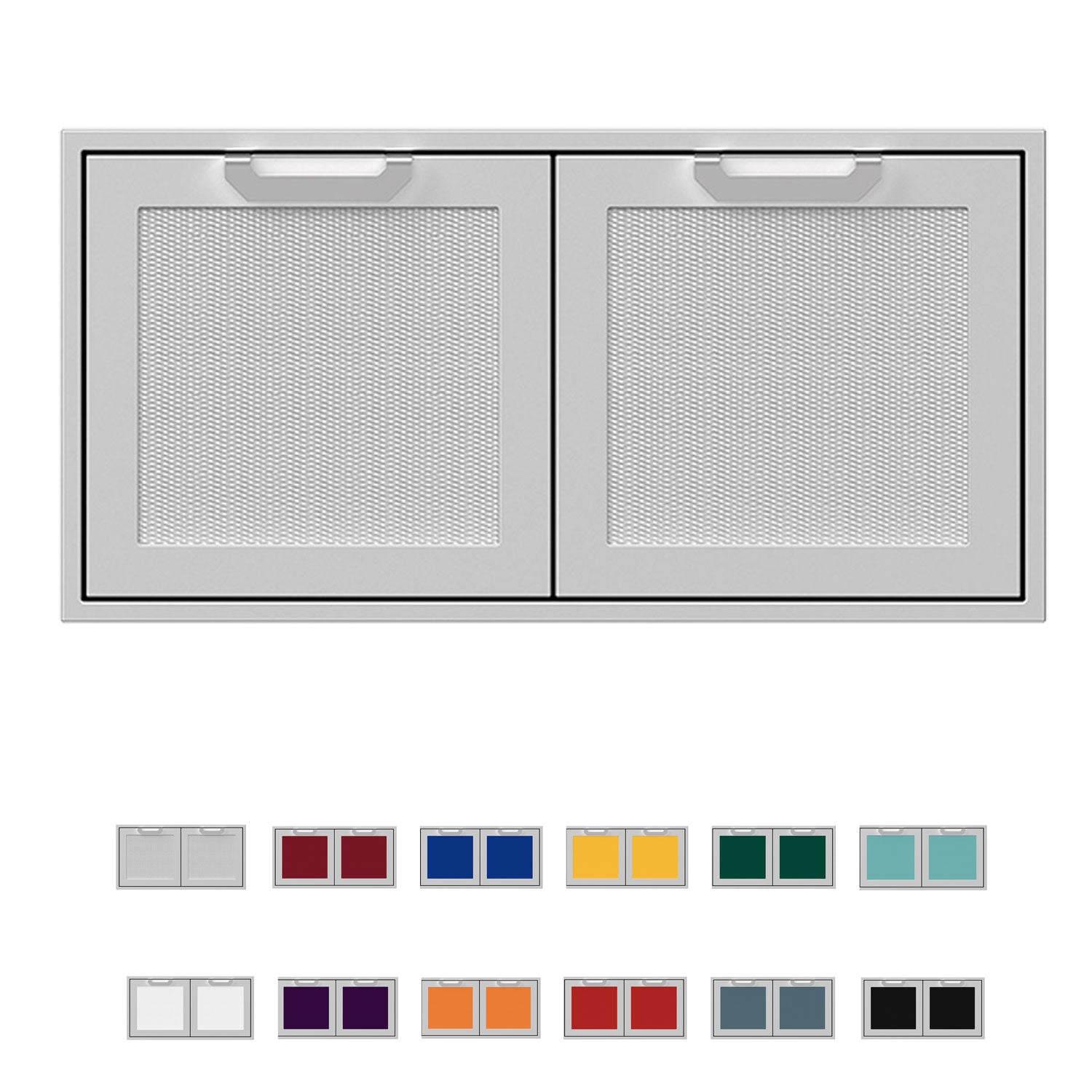 Double storage doors with two gray mesh panels and arched handles
