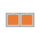 Double storage doors with two orange panel insets and arched handles