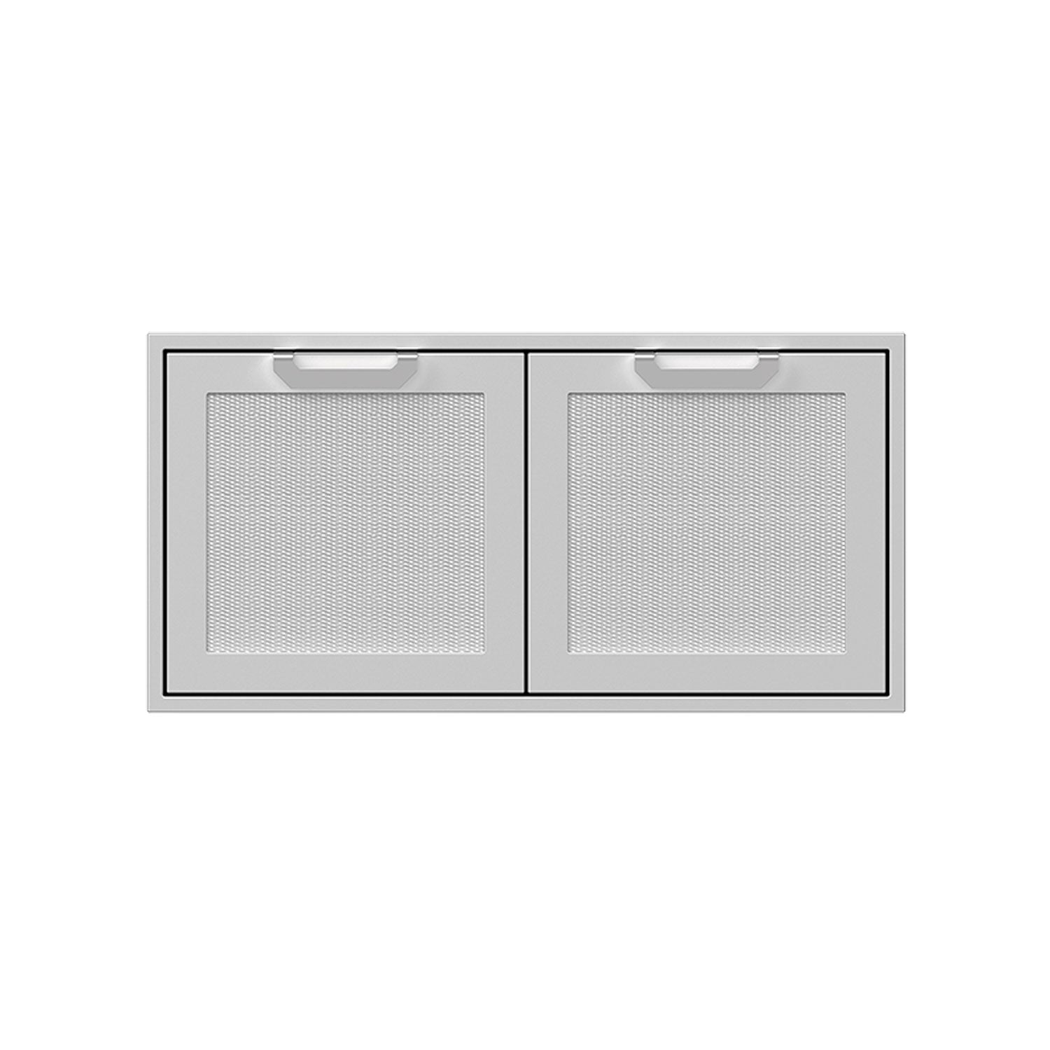 Double storage doors with two light gray mesh panels and arched handles