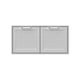 Double storage doors with two light gray mesh panels and arched handles